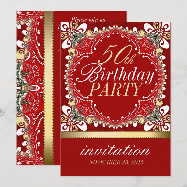 Red+Gold Tropical 50th Birthday Party Invitations (Devant / Derrière)