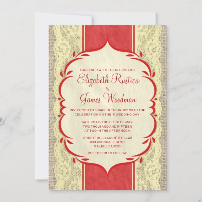 Red =Gold Vintage Linen & Lace Wedding Invitations (Devant)