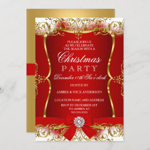 Red Gold White Damask Bow Noël Invitation