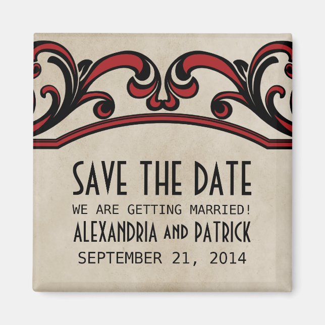 Red Gothic Swirls Save the Date Magnet (Devant)