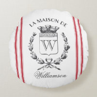 Red Grain Sack Custom Family Crest Round Coussin