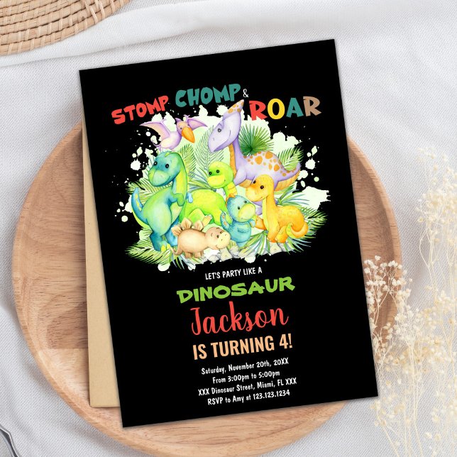 Red Green Black Dinosaur Invitations d'anniversair (Red Green Black Dinosaur Birthday Invitations)