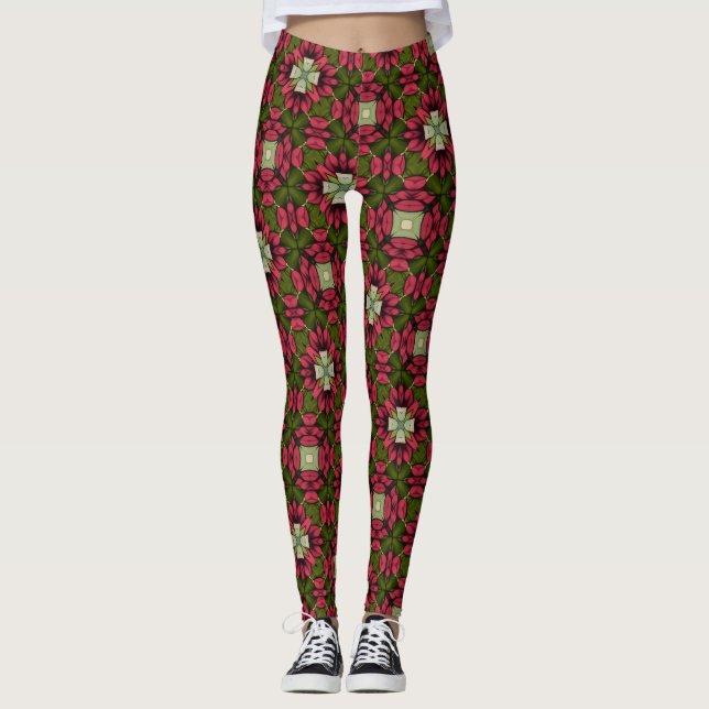  Red & Green Floral Kaleidoscope Leggings (Devant)