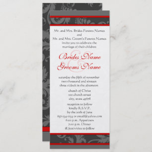Red Grey Blanc 9x4 Damask Swirl Wedding Invitation