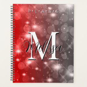 Red & Grey Bokeh Moderne Monogram Sparkor Planner