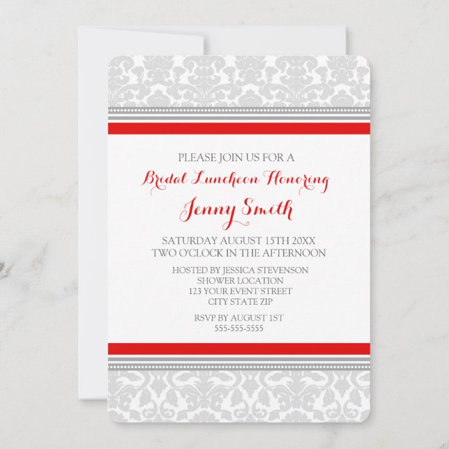 Red Grey Damask Bridal Lunch Cartes d'invitation (Dos)