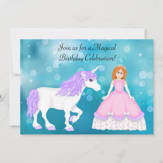 Red Hair Princess et Unicorn Invitation d'annivers (Devant)