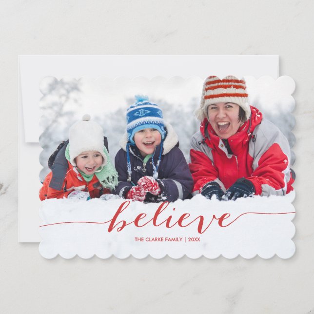 Red Handwriting Believe | Carte photo de vacances (Devant)