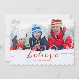 Red Handwriting Believe | Carte photo de vacances