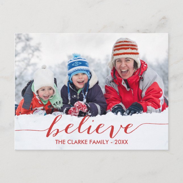 Red Handwriting Believe Holiday Photo Carte postal (Devant)