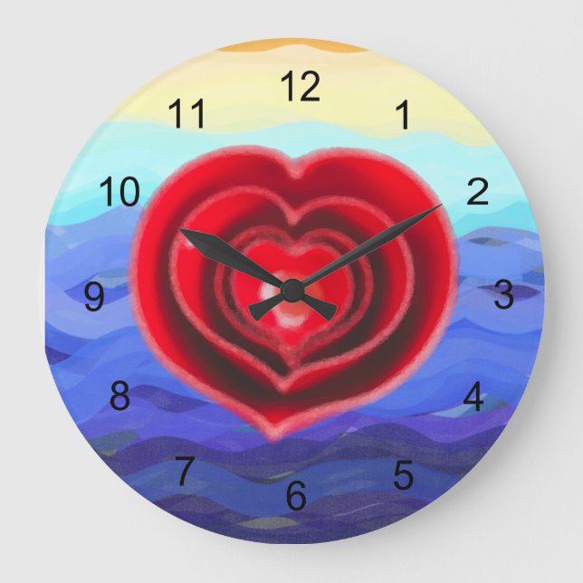 Red Heart on Waves Valentine Grande horloge (Recto)