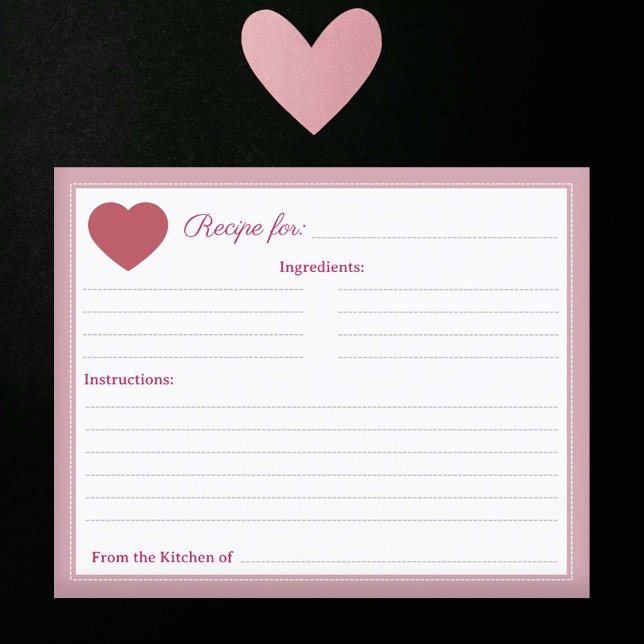 Red Heart Rustic Fête des mariées rose Recette Car (Red Heart Rustic Bridal Shower Pink Recipe Card)