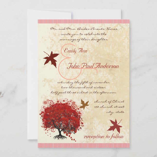 Red Heart Tree - Feuilles d'automne Faire-part de  (Dos)