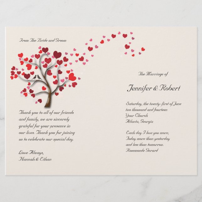 Red Heart Tree on Ivory Wedding Program (Devant)