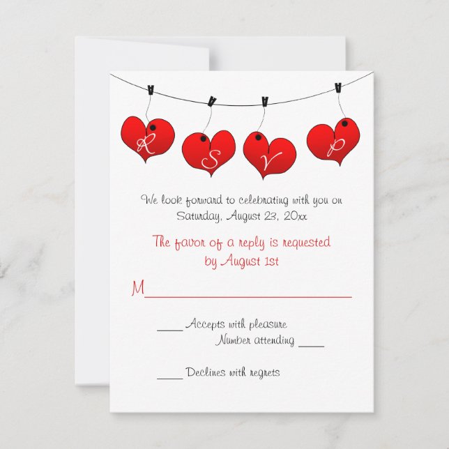 Red Hearts in Love Wedding Carte RSVP (Devant)