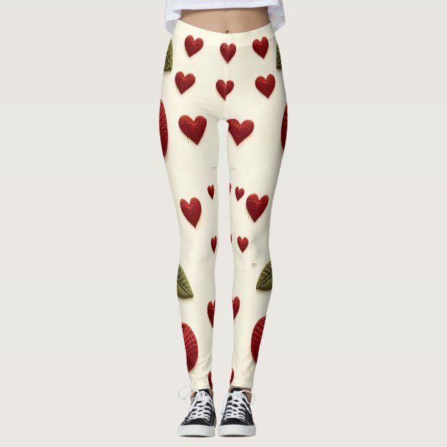 Red Hearts Pattern White Leggings - Romantic Valen (Devant)