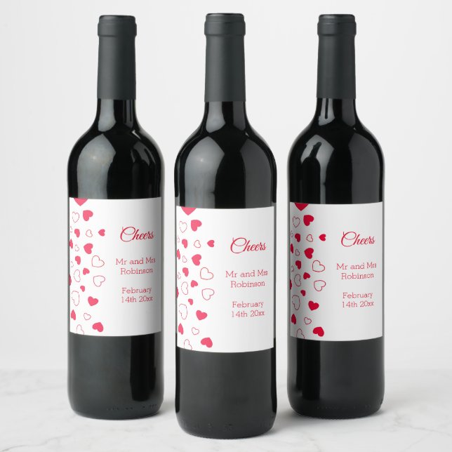 Red Hearts Valentines Day Mariage Étiquette de vin (Bouteilles)