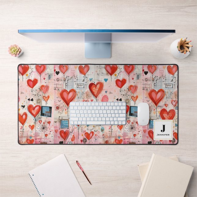 Red Hearts Whimsical Love Motif Monogramme (Bureau 1)