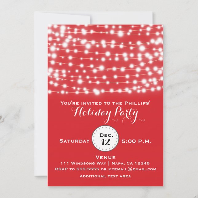 Red Holiday String Lights Invitation (Devant)