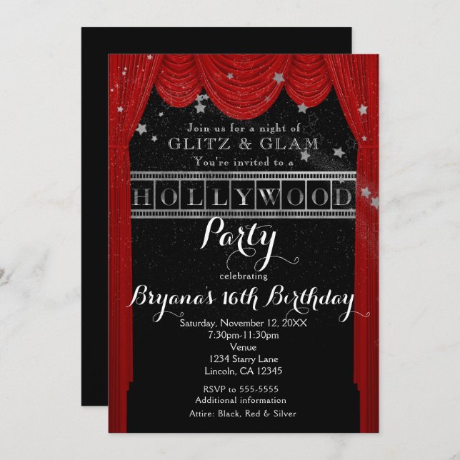 Red HOLLYWOOD rideaux & Silver Party Invitations (Devant / Derrière)