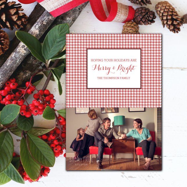 Red Houndstooth Carte photo de vacances (Red Houndstooth Holiday Photo Card)