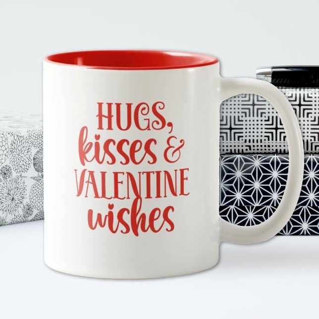 Red Hugs Kisses Valentines Day Café Mug (a cute Valentine's Day mug with the words hugs and kisses and Valentine Wishes)