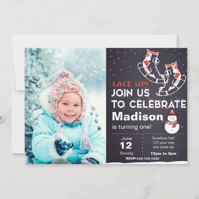 Red Ice Skates Anniversaire Invitation avec photo (Devant)