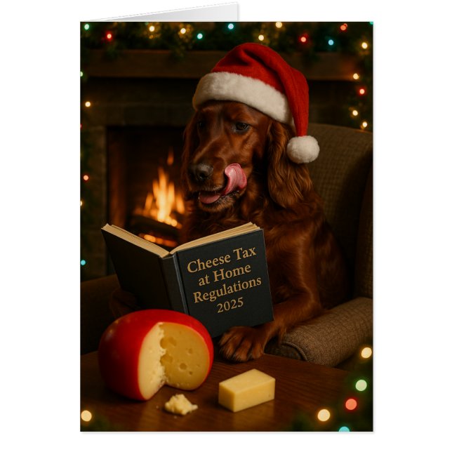 Red / Irish Setter 'Cheese Tax' Christmas card (Devant)