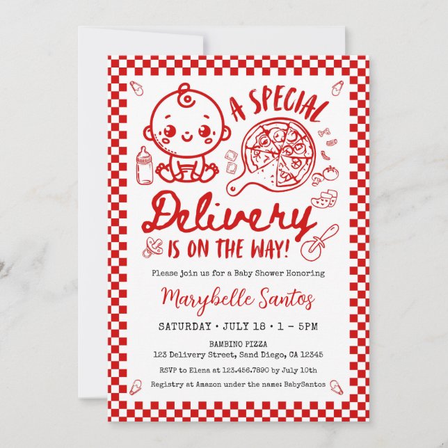 Red Italian Special Delivery Baby Invitation (Devant)