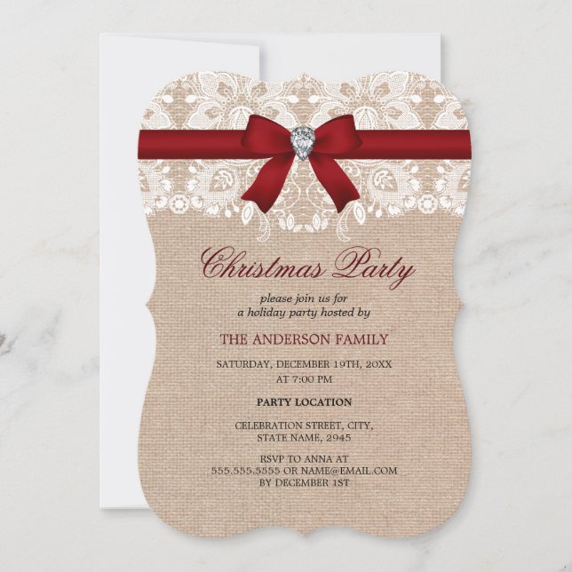 Red Lace & Burlap Christmas Party Invitation (Devant)
