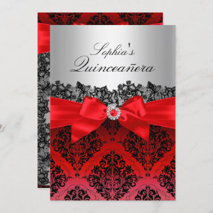 Red Lace Damask & Bow Quinceanera Invitation
