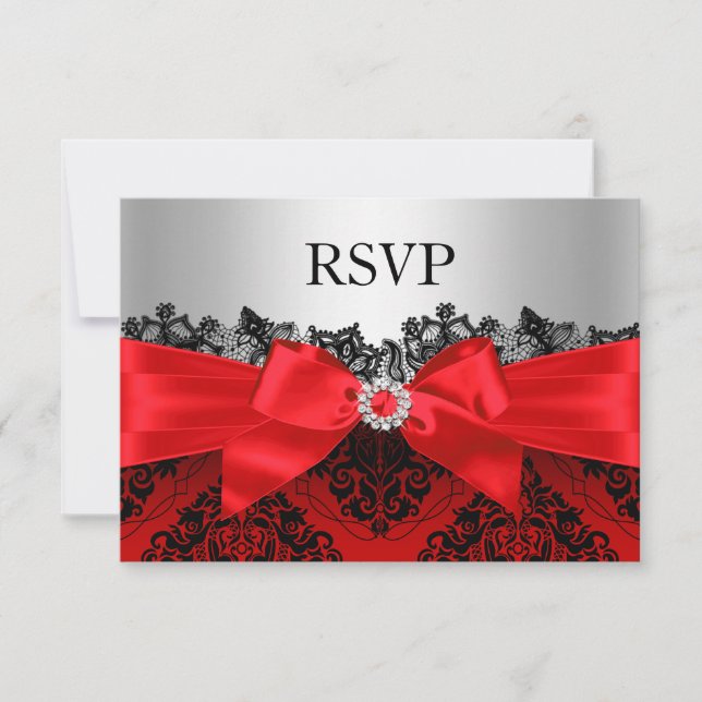 Red Lace Damask & Bow RSVP (Devant)
