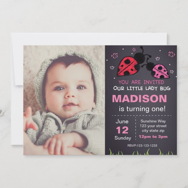 Red Ladybug Anniversaire Invitation avec photo (Devant)