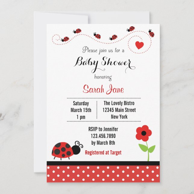 Red Ladybug Baby shower Invitation Polkadot (Devant)