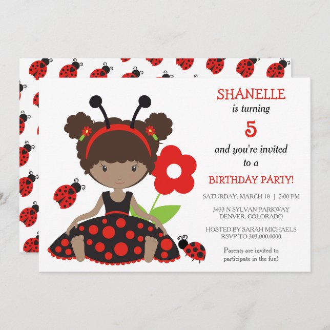 Red Ladybug Girls Birthday Party Invitation (Devant / Derrière)