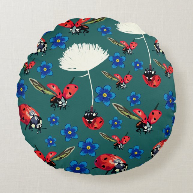 Red Ladybugs fleurs bleues Coussin rond (Devant)
