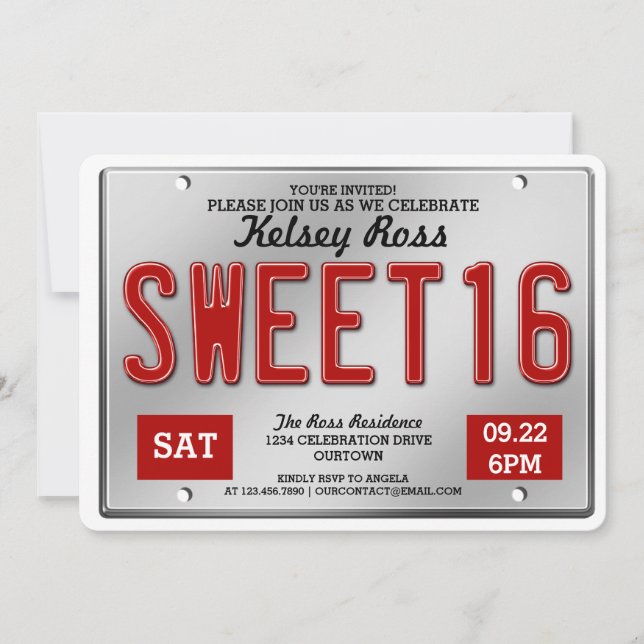 Red License Plate Sweet 16 Parties Invitations (Devant)