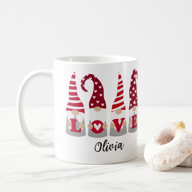 RED LOVE GNOMES VALENTINE'S DAY NAME MUG (Avec donut)