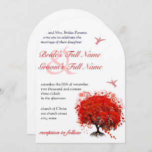 Red Love Tree Birds 5 x 7 Faire-part de mariage