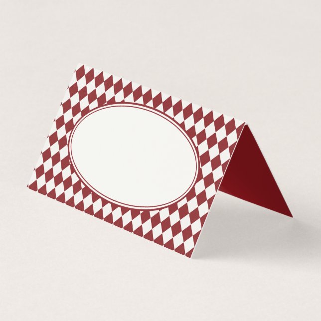 Red Merlot Harlequin Checkered Folded Place Cards (Front)