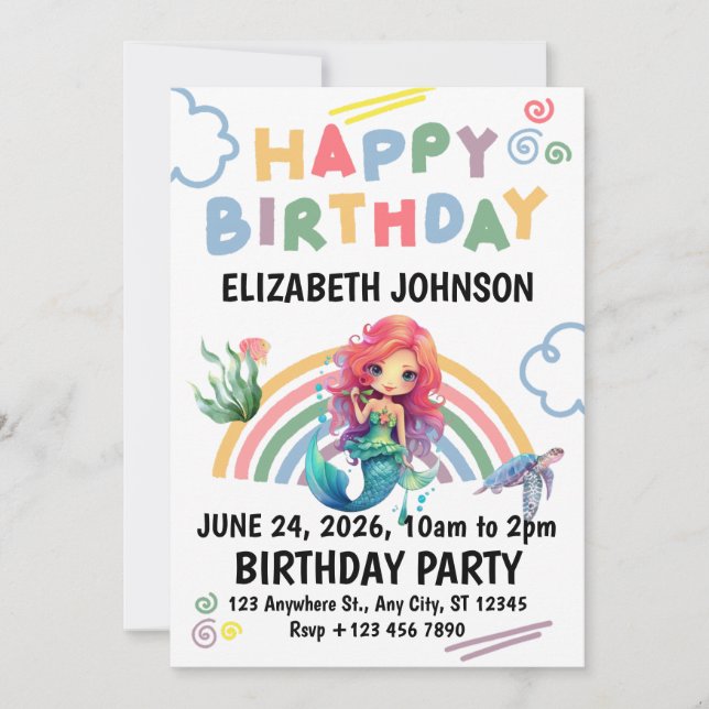 Red Mermaid Birthday Invitation in White (Devant)