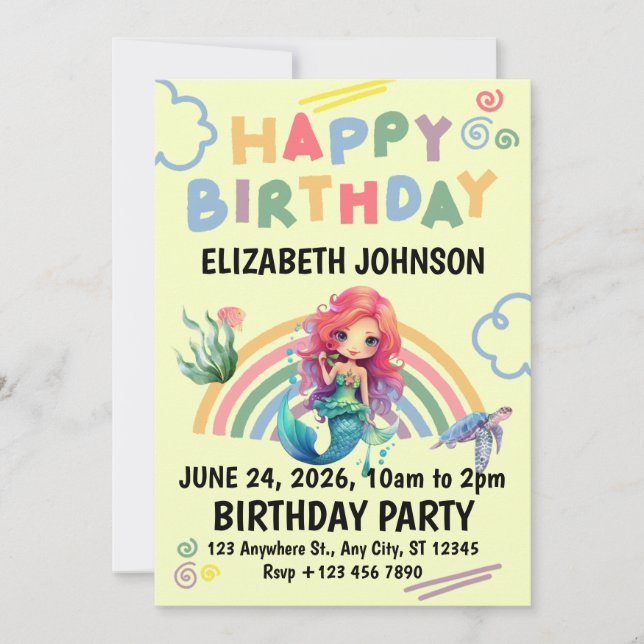 Red Mermaid Birthday Invitation in Yellow (Devant)
