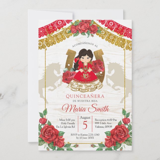 Red Mexican Charra Quinceañera Western Invitation (Devant)