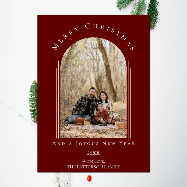 Red Modern Arch Frame Carte photo de vacances (Red Modern Arch Frame Holiday Photo Card)