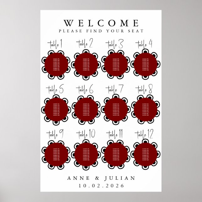 Red Modern Minimal Wedding Seating Chart Poster (Devant)