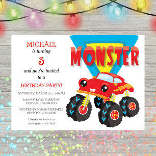 Red Monster Truck Invitation de fête d'anniversair