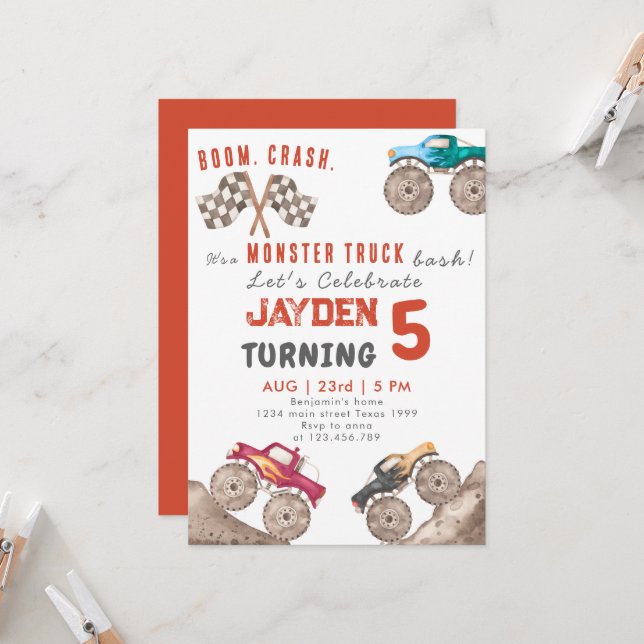 Red Monster Trucks Boy Invitation d'anniversaire (Devant/Arrière en situation)