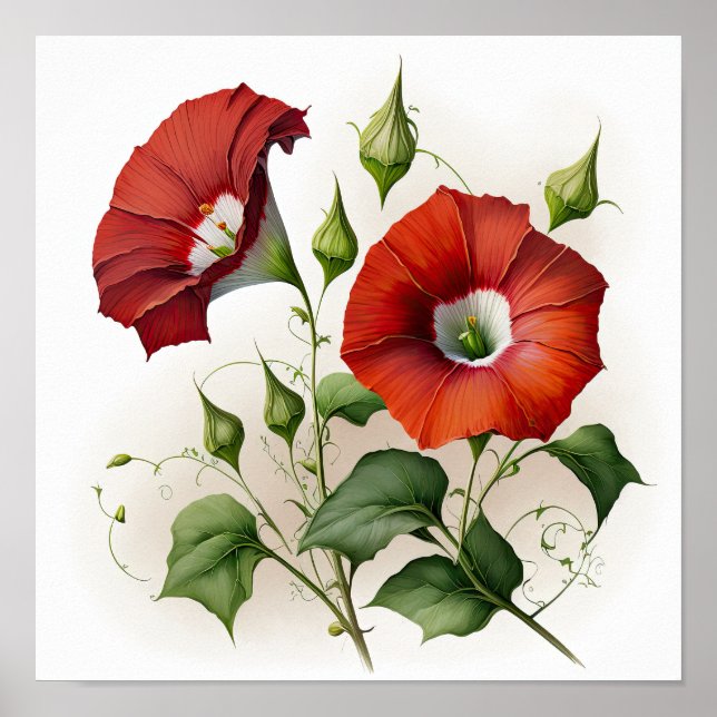 Red Morning Glory Flowers Art Print Poster (Devant)