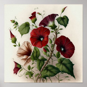 Red Morning Glory Flowers Art Print Poster