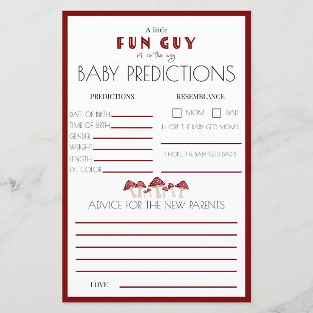 Red Musroom Fun Guy Baby shower Prediction Jeu (Devant)